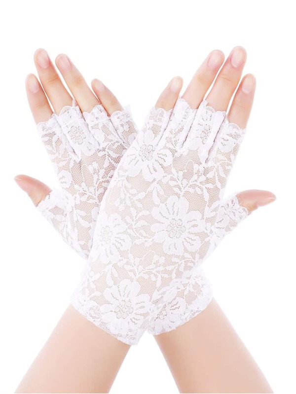 1pair Women White Floral Lace Fashion Fingerless Gloves For Party