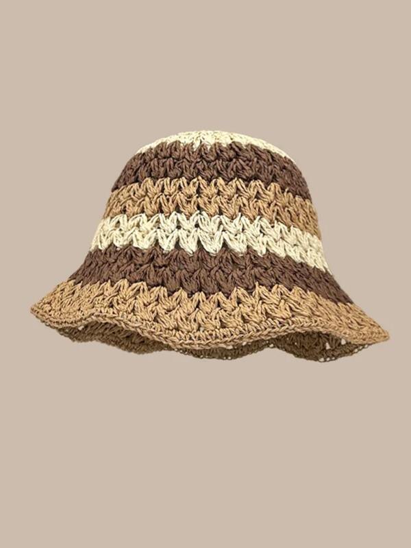 1pc Women Color Block Striped Straw Bucket Hat For Travel SHEIN USA