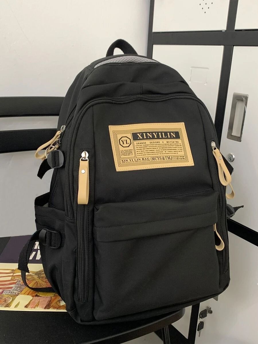 貼片細節經典背包學院風拉鍊前學校書包適合研究生、青少年女孩、新生、大二、初中和高中學生、大學和高中，非常適合戶外、旅行和返校 - 黑色 - 查看 1