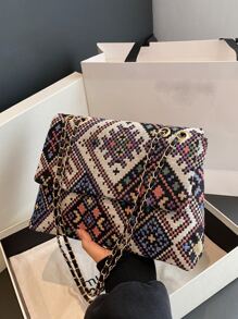 Lightweight,Business Casual Geometric Pattern Square Bag Chain Flap Vacation For Daily Life For Teen Girls Women College Students,Rookies & White-Collar Workers Perfect For Office,College,Work ,Business,Commute,Outdoors, Travel, Outings