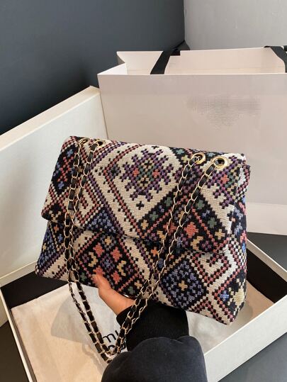 Ligero, casual de negocios, patrón geométrico, bolso cuadrado, solapa de cadena, vacaciones para la vida diaria para adolescentes, niñas, mujeres, estudiantes universitarios, novatos y trabajadores de cuello blanco, perfecto para la oficina, la universidad, el trabajo, los negocios, los desplazamientos, al aire libre, los viajes, las salidas