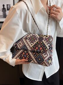 Lightweight,Business Casual Geometric Pattern Square Bag Chain Flap Vacation For Daily Life For Teen Girls Women College Students,Rookies & White-Collar Workers Perfect For Office,College,Work ,Business,Commute,Outdoors, Travel, Outings