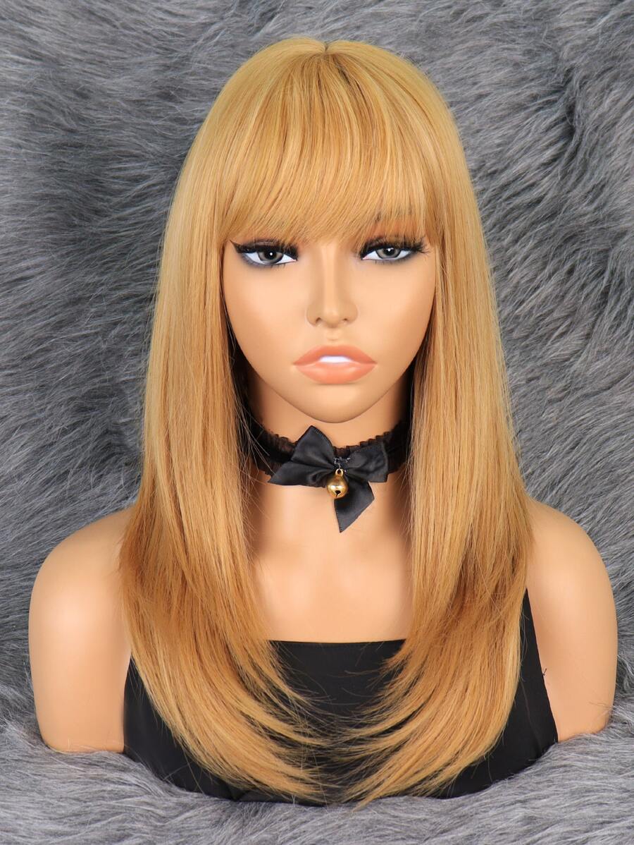 Peluca sintética recta de longitud media con flequillo - Dorado - Ver 1