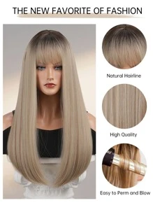 HAIRCUBE 28 Inch Brown Blonde Wigs With Bangs,Long Straight Hair for Women Natural Hair Wigs For Daily Use - Multicolor - View 5