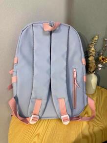 撞色經典背包插扣裝飾補丁細節附包飾 - 藍色 - 查看 2