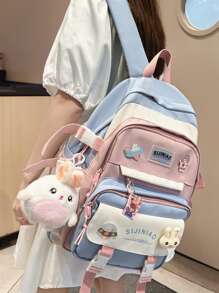 撞色經典背包插扣裝飾補丁細節附包飾 - 藍色 - 查看 7