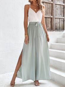 SHEIN Frenchy 雙色高衩腰帶吊帶連體褲 - 綠色 - 查看 1