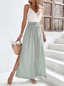 SHEIN Frenchy 雙色高衩腰帶吊帶連體褲 - 綠色 - 查看 3