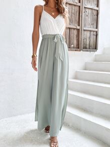 SHEIN Frenchy 雙色高衩腰帶吊帶連體褲 - 綠色 - 查看 5