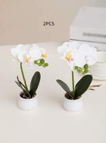 2 piezas/set planta en maceta artificial de plástico, adorno en maceta falso Cottagecore para decoración de mesa - Blanco - Ver 2