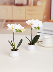 2 piezas/set planta en maceta artificial de plástico, adorno en maceta falso Cottagecore para decoración de mesa - Blanco - Ver 3