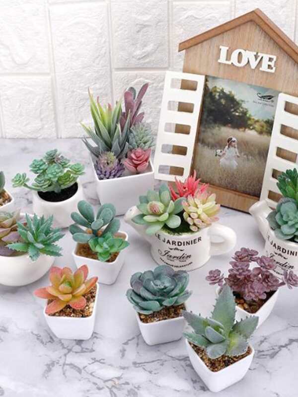 12pcs/set Plastic Artificial Succulent Plant, Cottagecore Fake