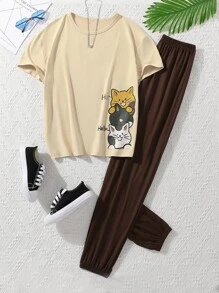 SHEIN 青少年女孩卡通圖案T恤和褲子 - 彩色 - 查看 1