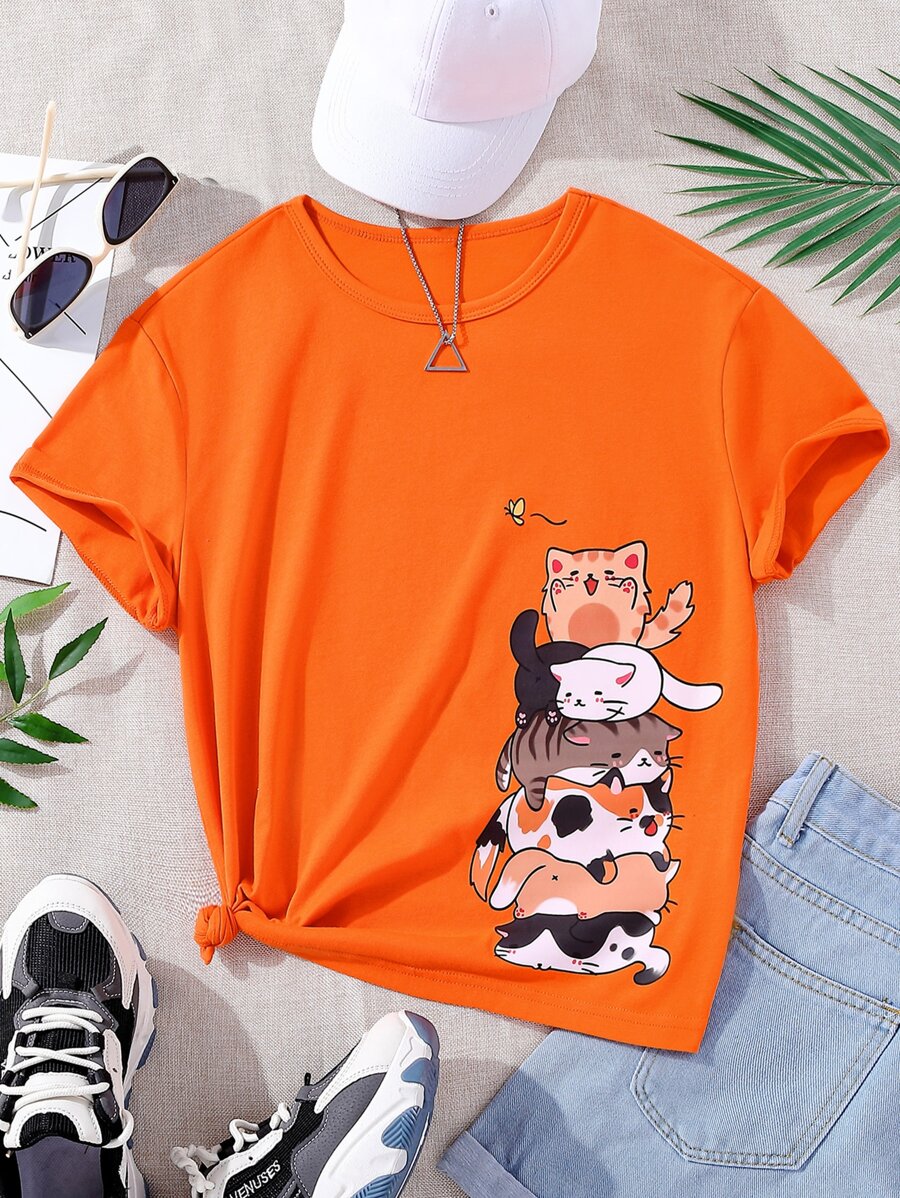 少女漫畫貓圖形t恤 - 橘色 - 查看 1