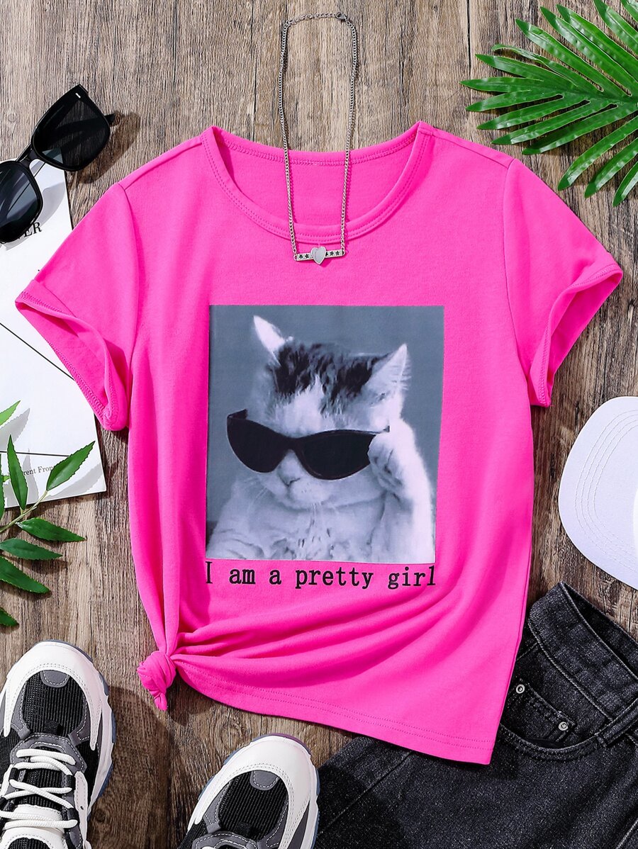 Girls Cat & Slogan Graphic Tee - Hot Pink - View 1