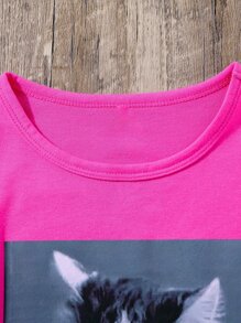 Girls Cat & Slogan Graphic Tee - Hot Pink - View 3