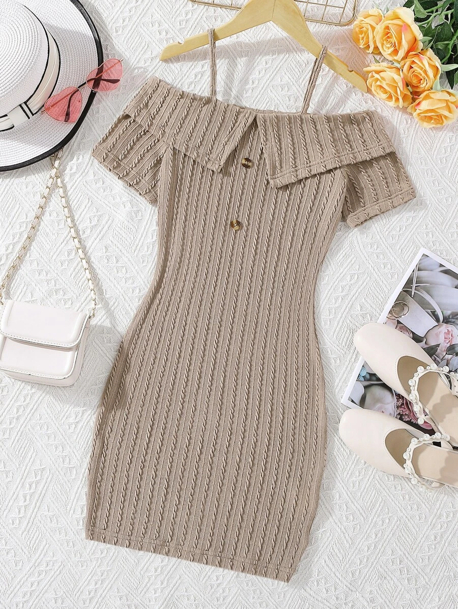 SHEIN 女孩挖肩紐扣細節麻花編織連衣裙 - 杏色 - 查看 1
