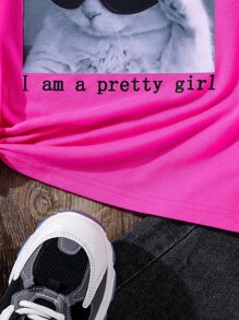 Girls Cat & Slogan Graphic Tee - Hot Pink - View 6
