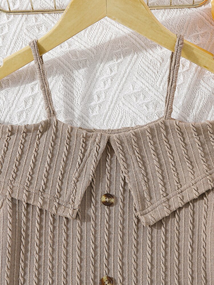 SHEIN Cô gái lạnh vai nút chi tiết váy dệt kim - Màu be - Xem 3