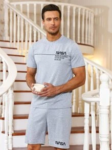 Hombres Conjunto de pijama con estampado de slogan - Gris - Ver 1