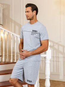 Hombres Conjunto de pijama con estampado de slogan - Gris - Ver 6
