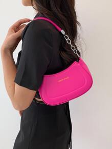 Mini Hobo Bag Letter Graphic PU Neon Pink - Hot Pink - View 2