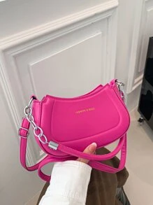 Mini Hobo Bag Letter Graphic PU Neon Pink - Hot Pink - View 7