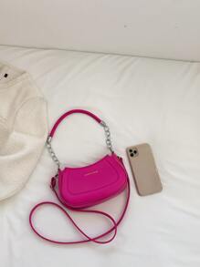 Mini Hobo Bag Letter Graphic PU Neon Pink - Hot Pink - View 6