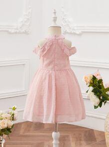 Toddler Girls Swiss Dot Cold Shoulder Ruffle Trim Chiffon Dress - Baby Pink - View 2