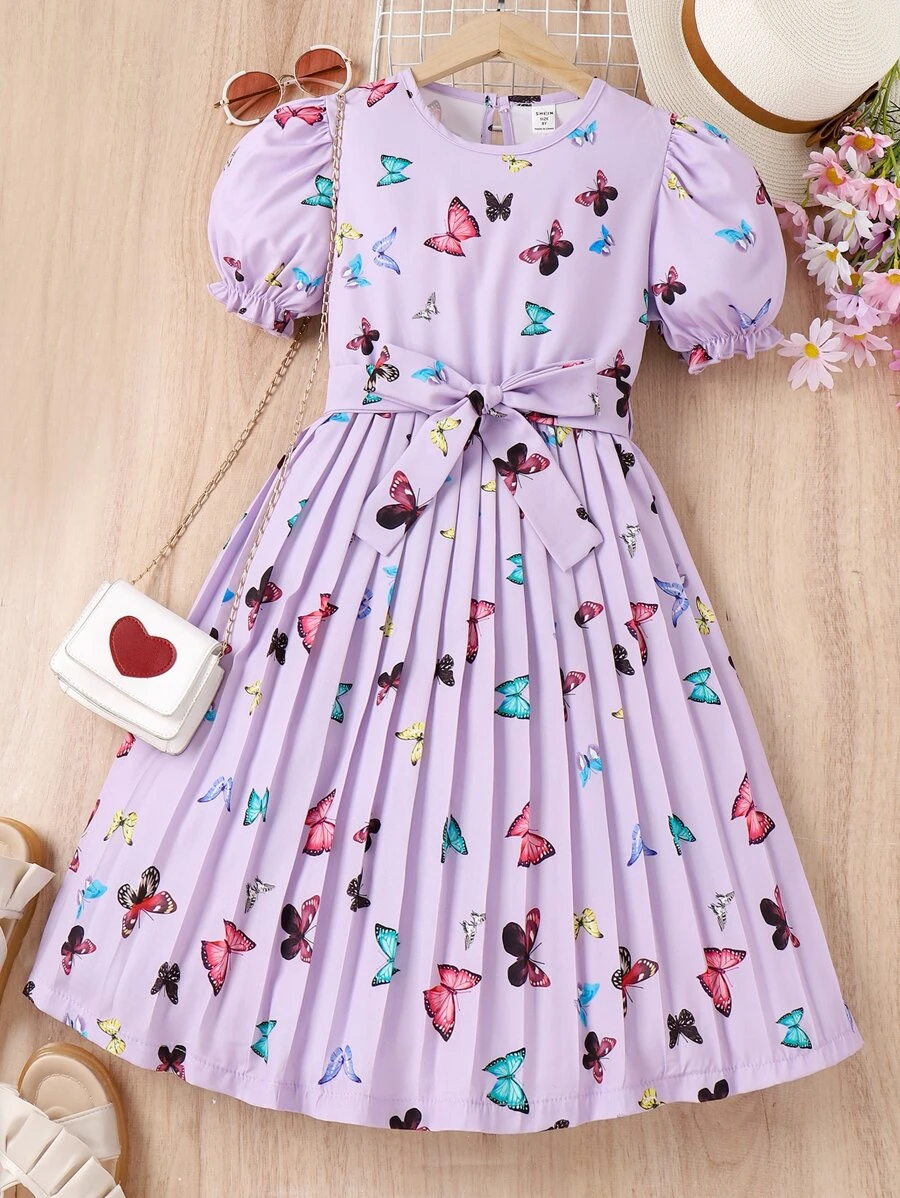 SHEIN Cô gái Tween In bướm Ống tay áo Váy có thắt lưng Không có túi - Màu Lilac Tím - Xem 1