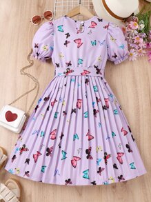 SHEIN Cô gái Tween In bướm Ống tay áo Váy có thắt lưng Không có túi - Màu Lilac Tím - Xem 2