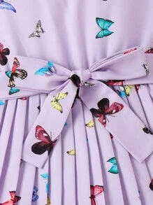 SHEIN Cô gái Tween In bướm Ống tay áo Váy có thắt lưng Không có túi - Màu Lilac Tím - Xem 3