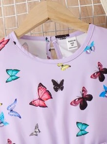 SHEIN Cô gái Tween In bướm Ống tay áo Váy có thắt lưng Không có túi - Màu Lilac Tím - Xem 4