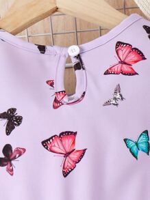 SHEIN Cô gái Tween In bướm Ống tay áo Váy có thắt lưng Không có túi - Màu Lilac Tím - Xem 5