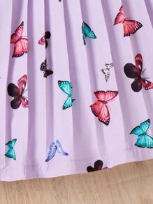 SHEIN Cô gái Tween In bướm Ống tay áo Váy có thắt lưng Không có túi - Màu Lilac Tím - Xem 6