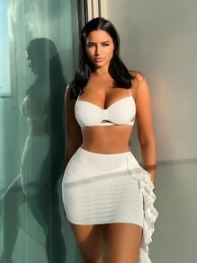 SHEIN Swim 紋理質感比基尼套裝交叉文胸和泳衣下裝和沙灘裙3入組泳衣 - 米色 - 查看 1