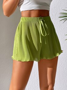 SHEIN PETITE Tie Front Lettuce Trim Ribbed Knit Shorts - Lime Green - View 3