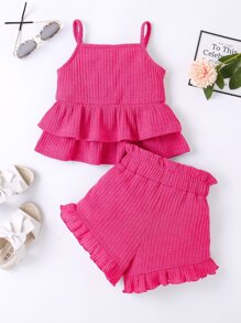 Toddler Girls Ruffle Hem Cami Top & Paperbag Waist Shorts - Hot Pink - View 2