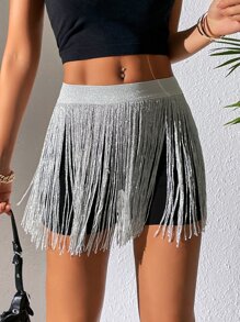 SHEIN PETITE Falda De Fiesta Con Ribete De Flecos Sin Pantalones Cortos De Mujer