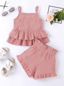 小女童荷葉邊吊帶上衣和紙袋腰短褲 - 粉色 - 查看 1