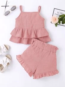 小女童荷葉邊吊帶上衣和紙袋腰短褲 - 粉色 - 查看 2