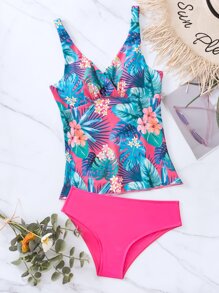 SHEIN Swim Tropical & Floral Print Tankini Summer Beach - Multicolor - View 3