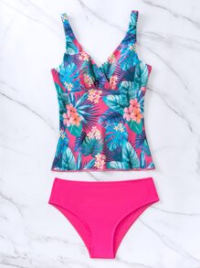 SHEIN Swim Tropical & Floral Print Tankini Summer Beach - Multicolor - View 5