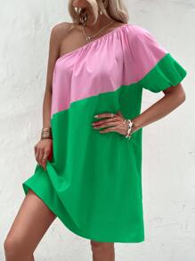 SHEIN VCAY 雙色單肩泡泡袖連衣裙 - 彩色 - 查看 3