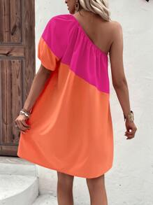 SHEIN VCAY Two Tone One Shoulder Raglan Sleeve Dress - Hot Pink - View 2
