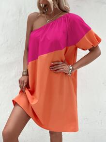 SHEIN VCAY Two Tone One Shoulder Raglan Sleeve Dress - Hot Pink - View 3