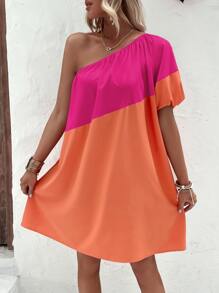 SHEIN VCAY Two Tone One Shoulder Raglan Sleeve Dress - Hot Pink - View 4