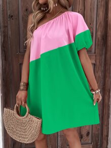 SHEIN VCAY 雙色單肩泡泡袖連衣裙 - 彩色 - 查看 6