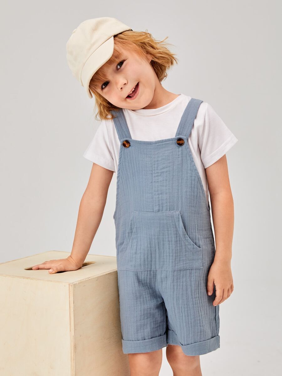 SHEIN Young Boy Solid Color Haze Blue Simple Casual Suspender Jumpsuit With Wide Straps For Summer - Dusty Blue - View 1