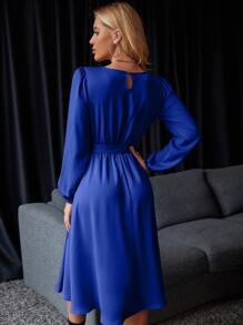 Chiquease Solid Belted Satin A-line Dress - Royal Blue - View 2